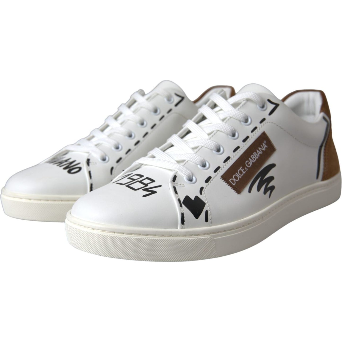 White Brown Leather Logo Low Top Sneakers Shoes