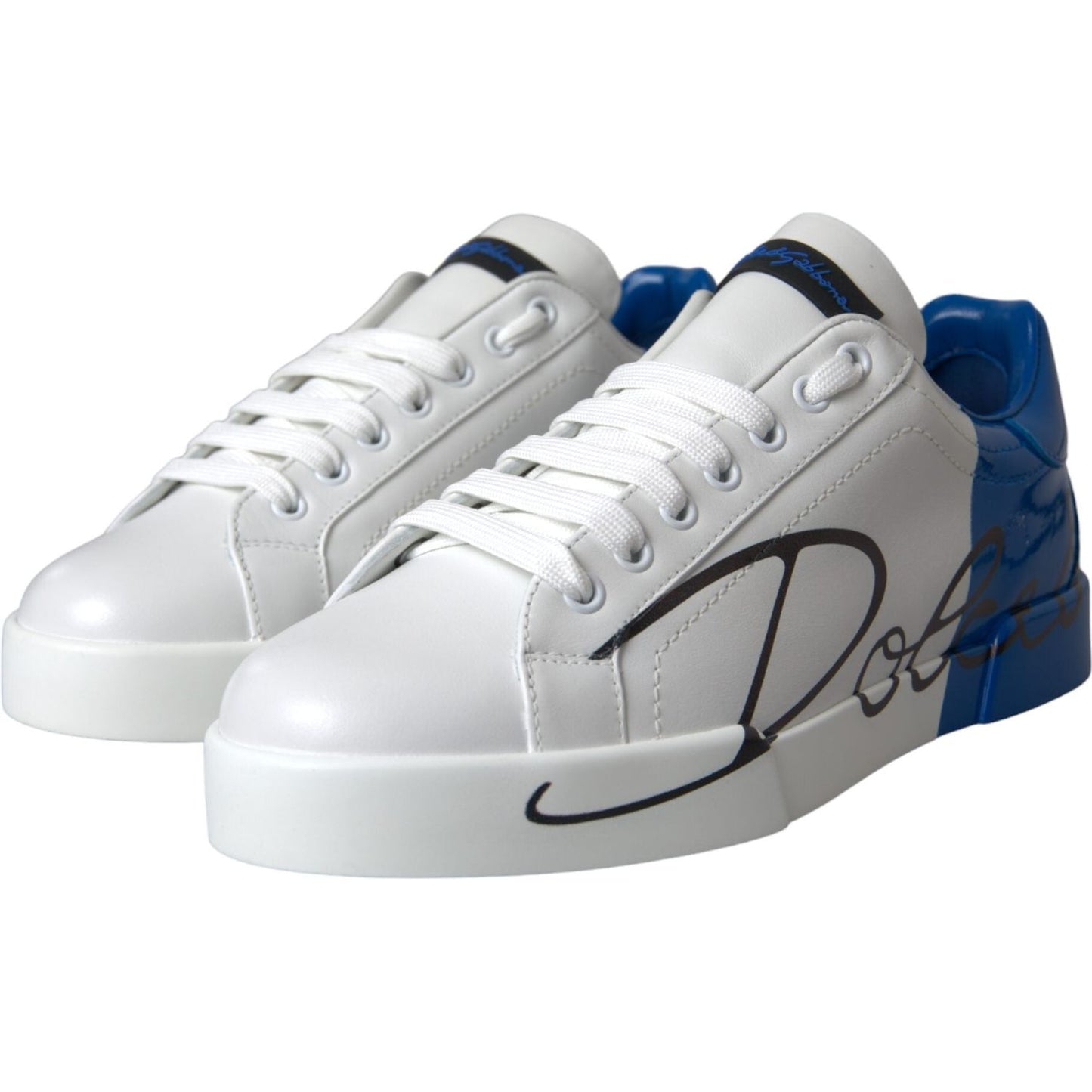 White Blue Leather Logo Low Top Sneakers Shoes Dolce & Gabbana