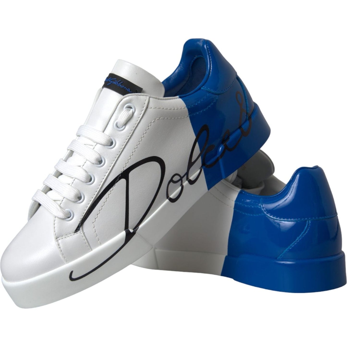 White Blue Leather Logo Low Top Sneakers Shoes Dolce & Gabbana