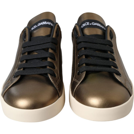 Gold Black Portofino Calf Leather Sneakers Shoes