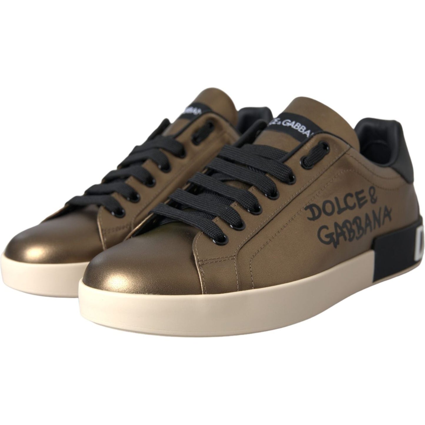 Gold Black Portofino Calf Leather Sneakers Shoes