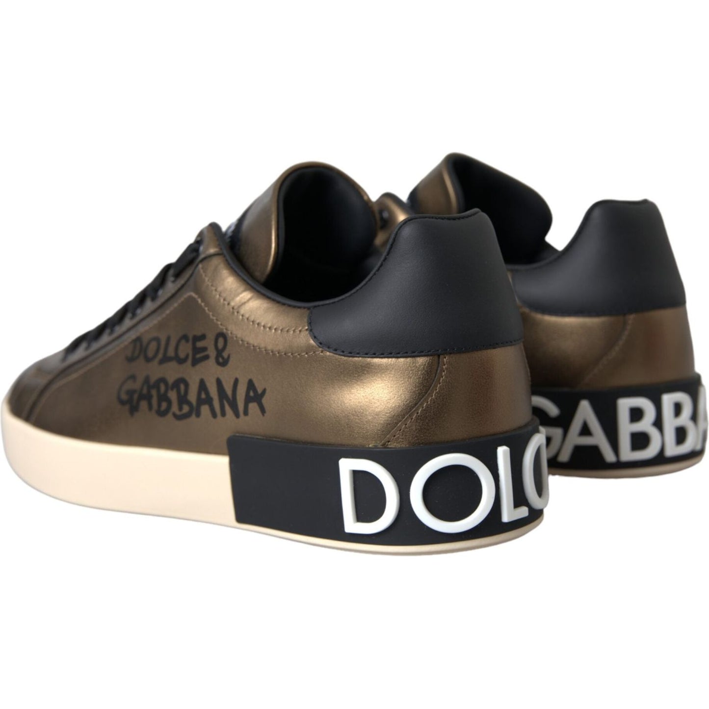 Gold Black Portofino Calf Leather Sneakers Shoes