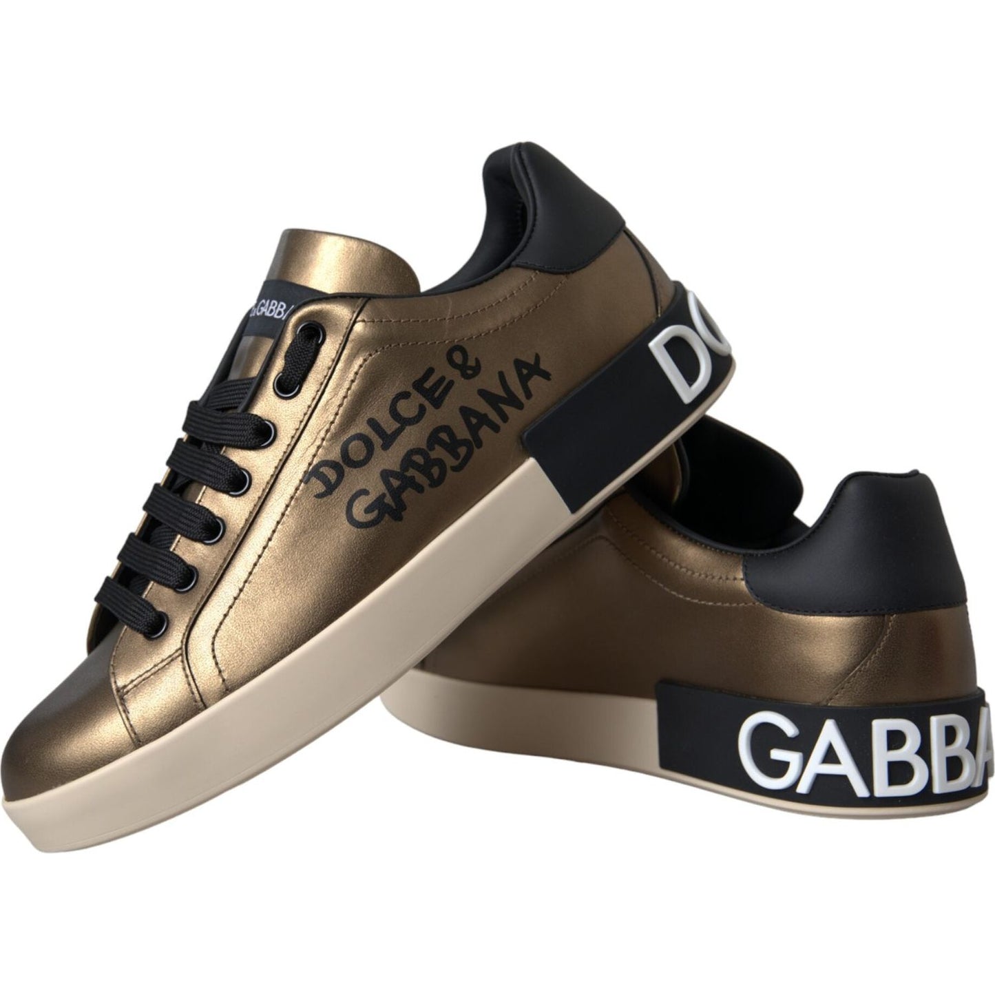 Gold Black Portofino Calf Leather Sneakers Shoes