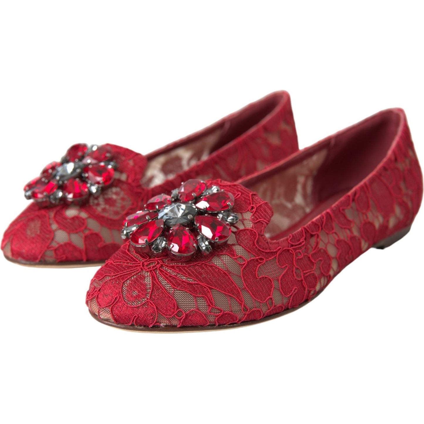 Red Lace Crystal Ballet Loafers Shoes