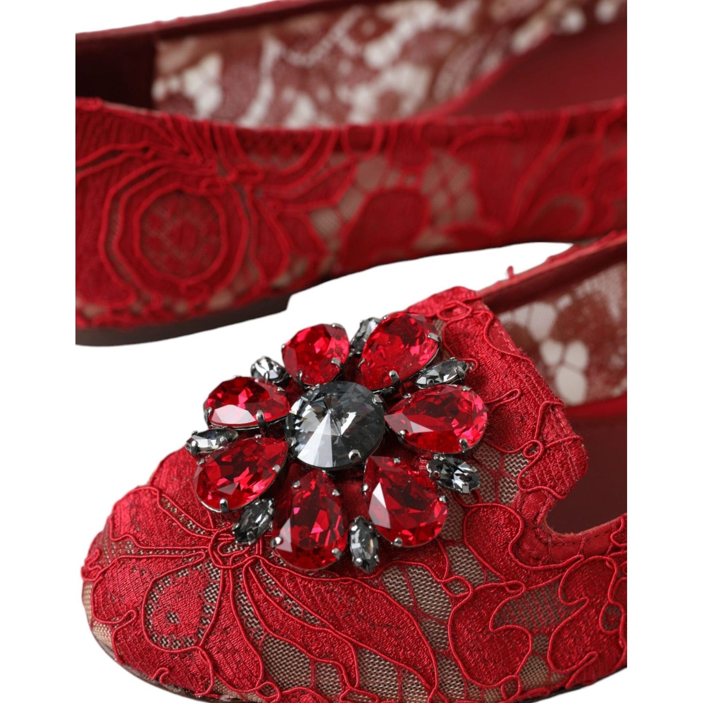 Red Lace Crystal Ballet Loafers Shoes