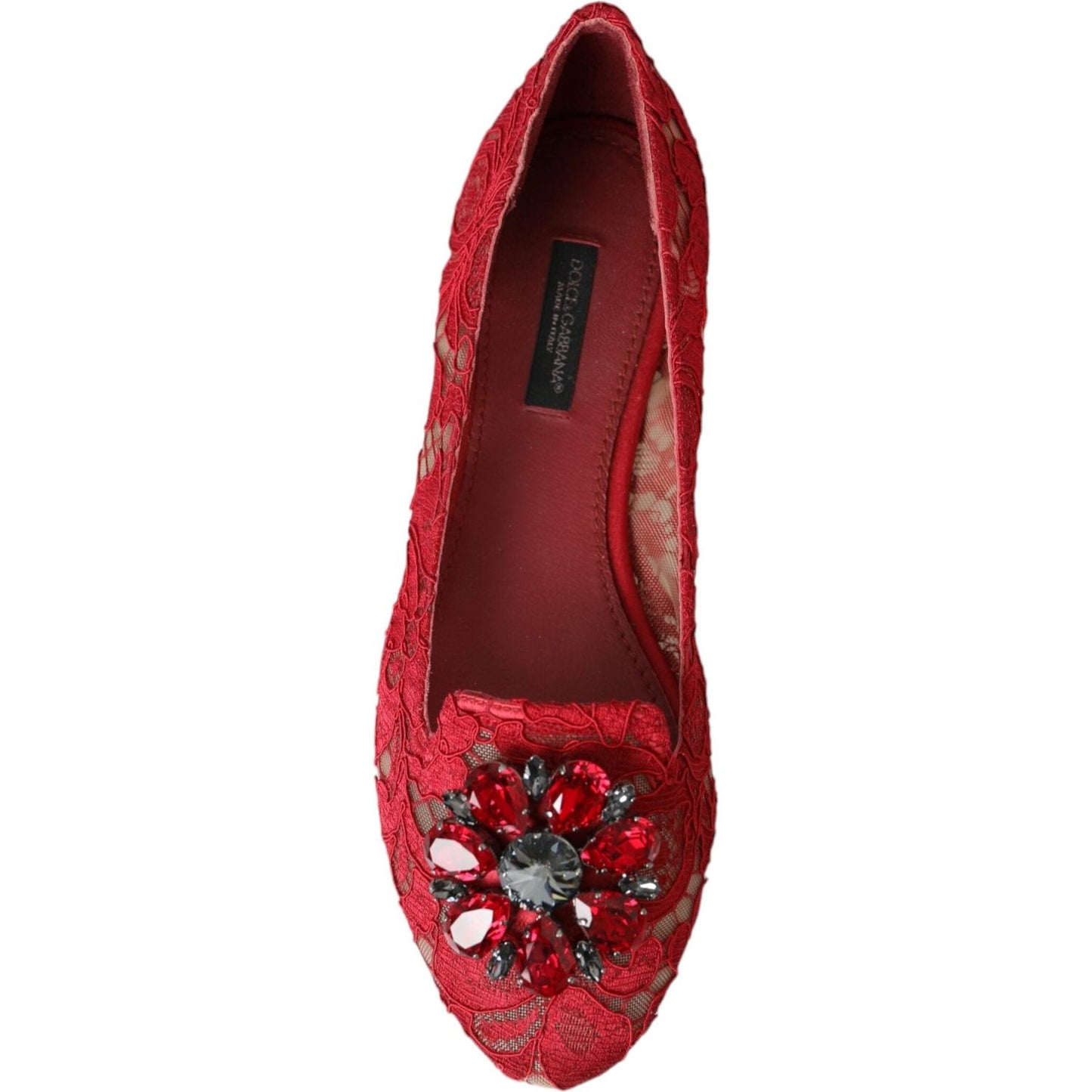 Red Lace Crystal Ballet Loafers Shoes