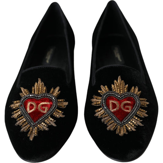 Black Velvet DG Heart Loafers Flats Shoes