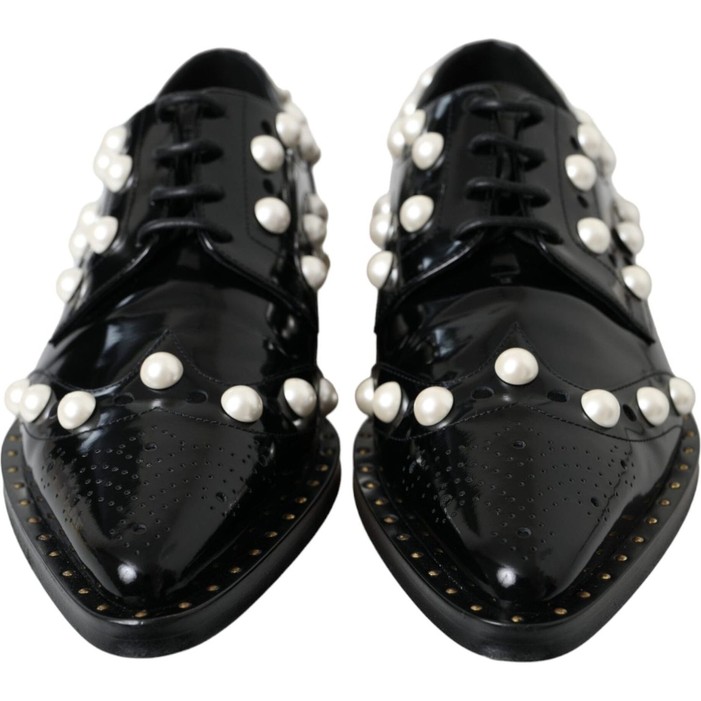 Black Leather Faux Pearl Dress Broque Shoes