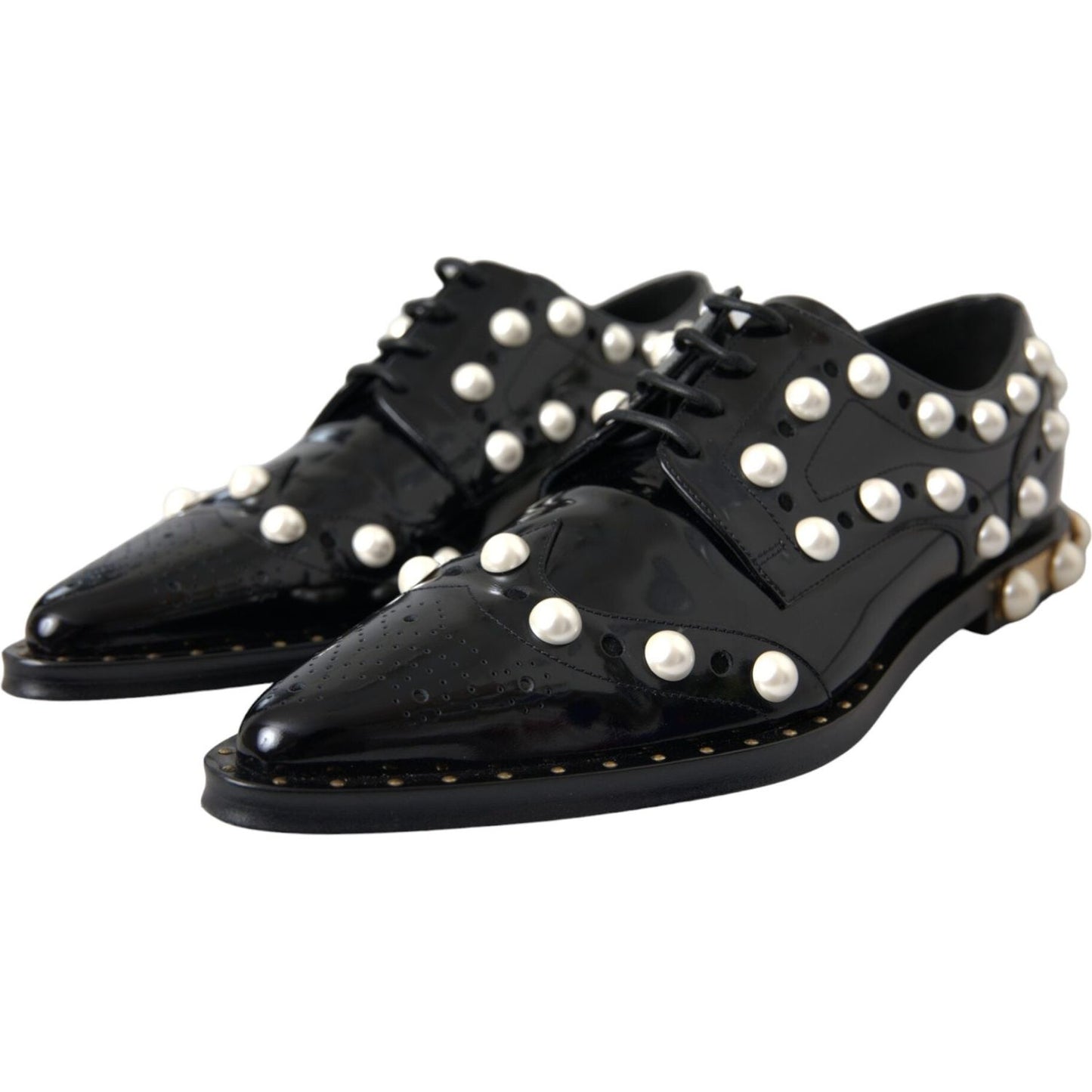 Black Leather Faux Pearl Dress Broque Shoes