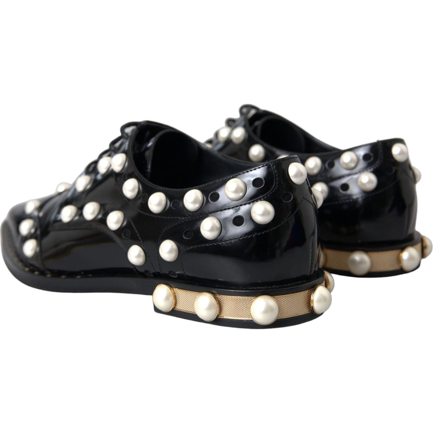 Black Leather Faux Pearl Dress Broque Shoes