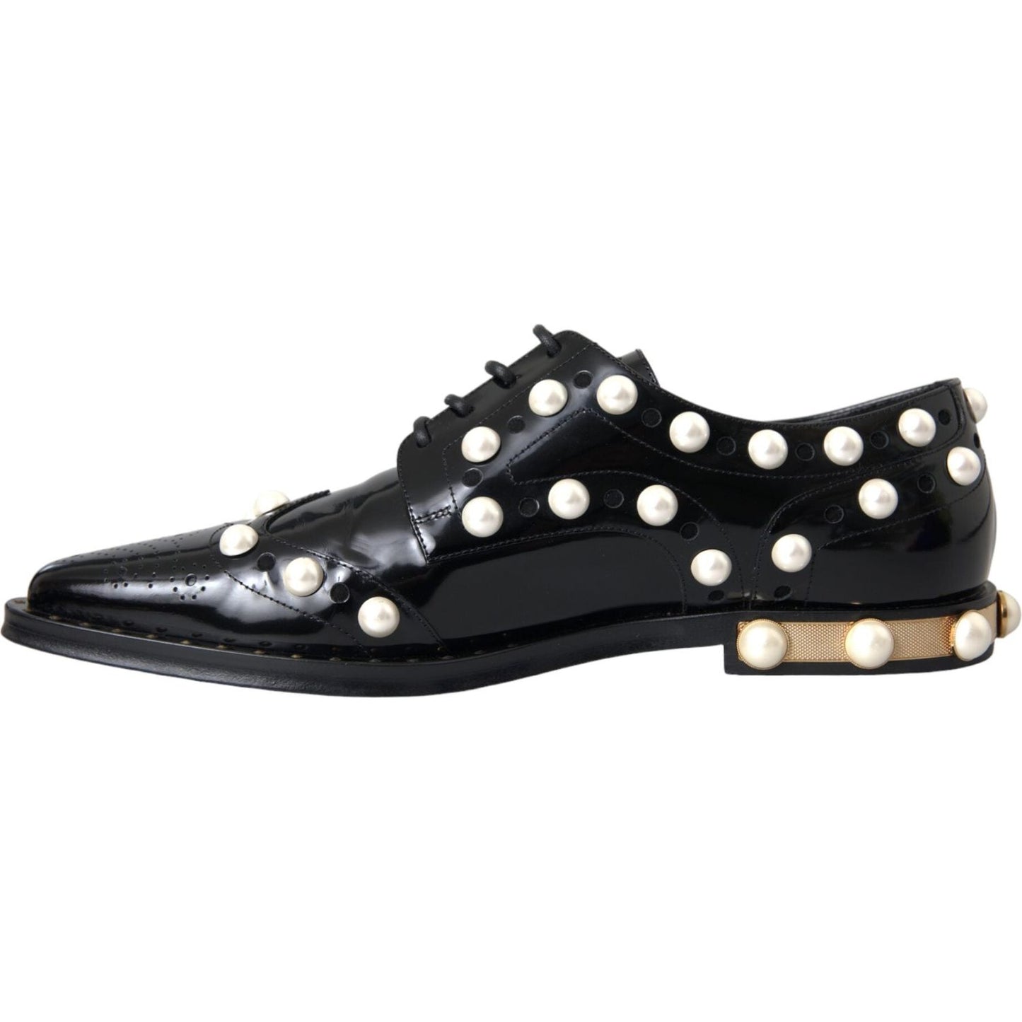 Black Leather Faux Pearl Dress Broque Shoes