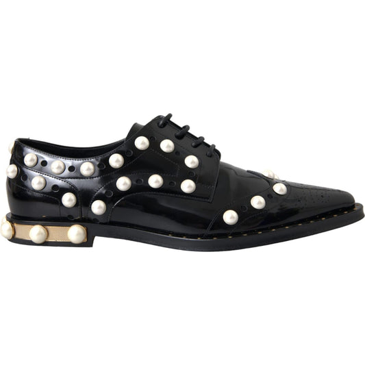 Black Leather Faux Pearl Dress Broque Shoes