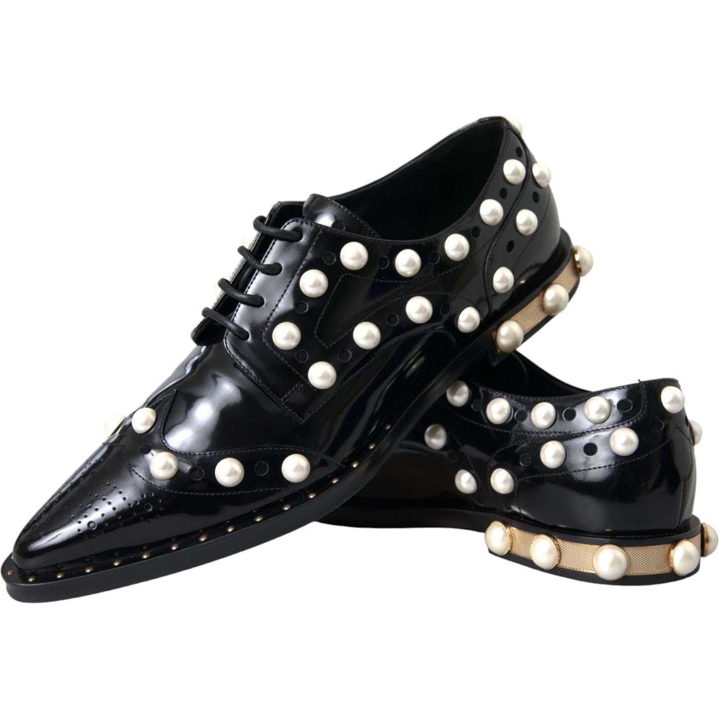 Black Leather Faux Pearl Dress Broque Shoes