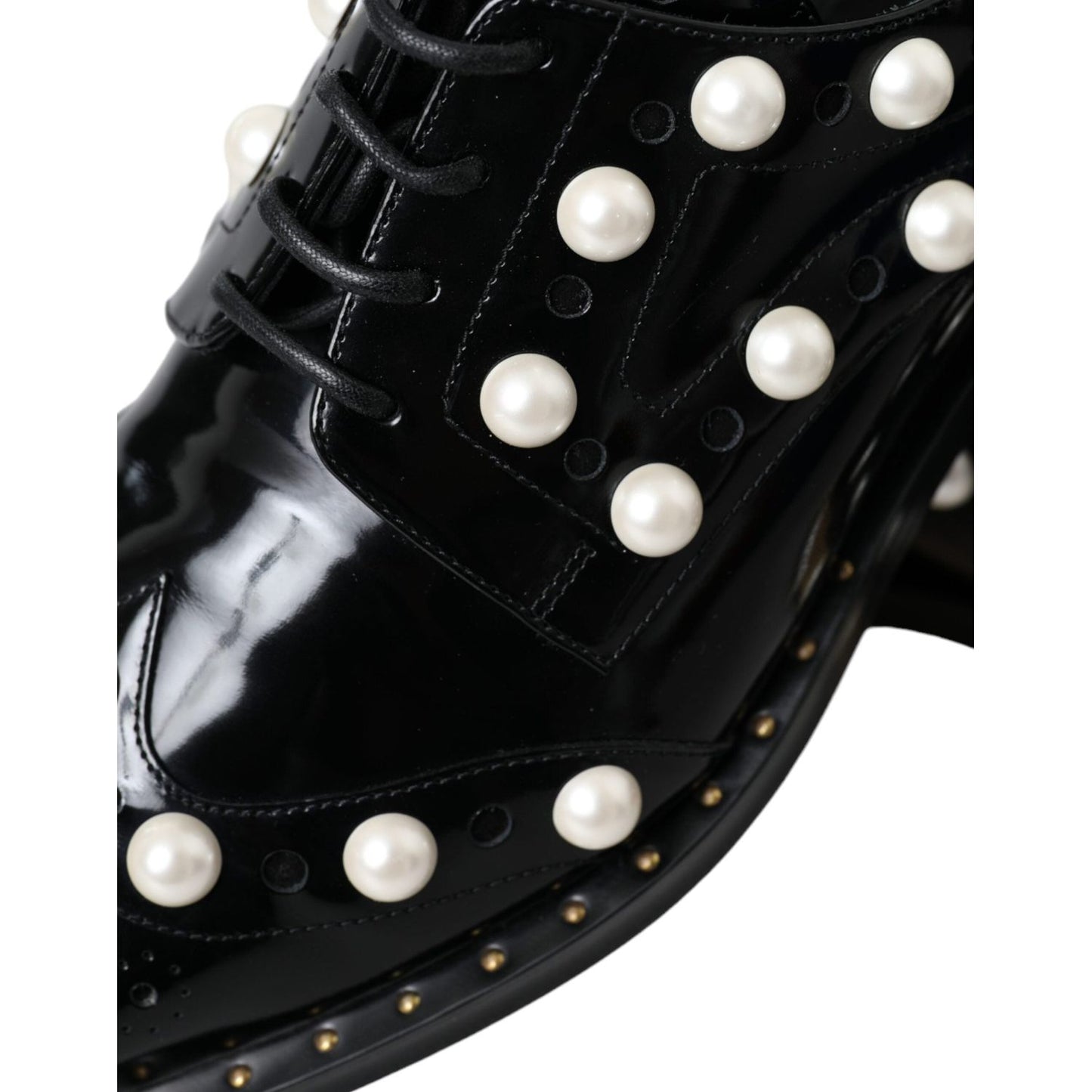 Black Leather Faux Pearl Dress Broque Shoes