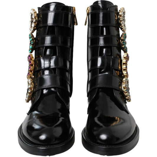 Black Leather Crystal Buckles Boots Shoes