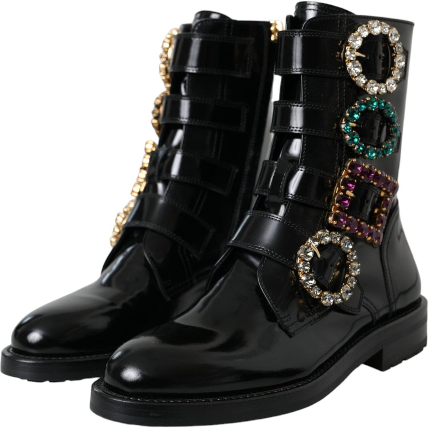 Black Leather Crystal Buckles Boots Shoes