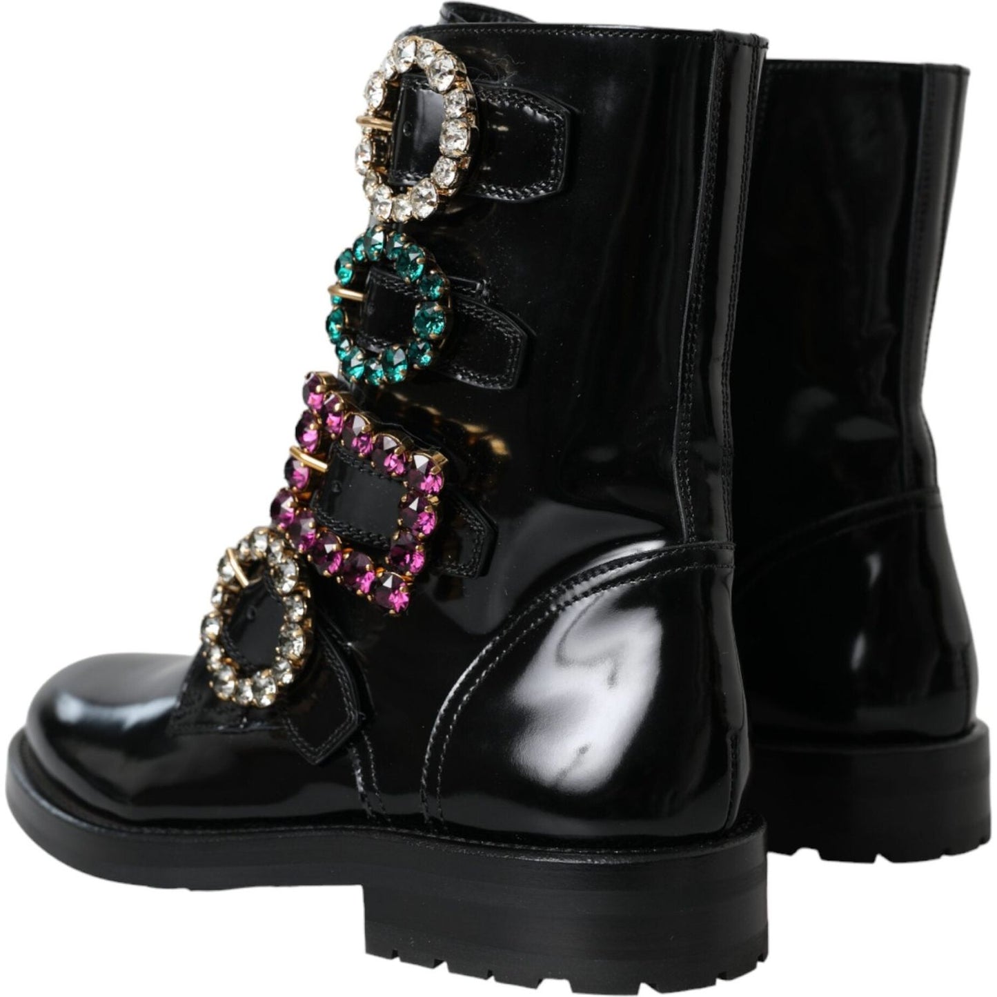 Black Leather Crystal Buckles Boots Shoes