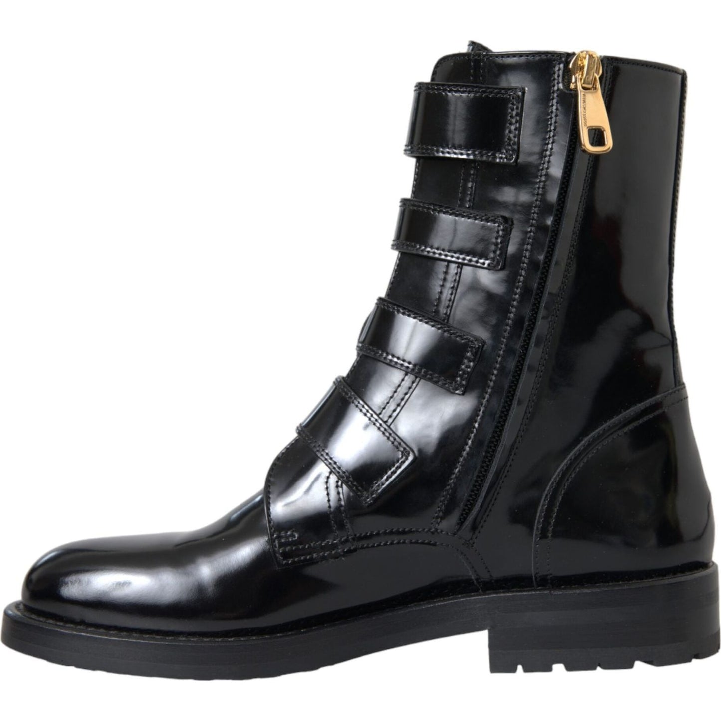 Black Leather Crystal Buckles Boots Shoes