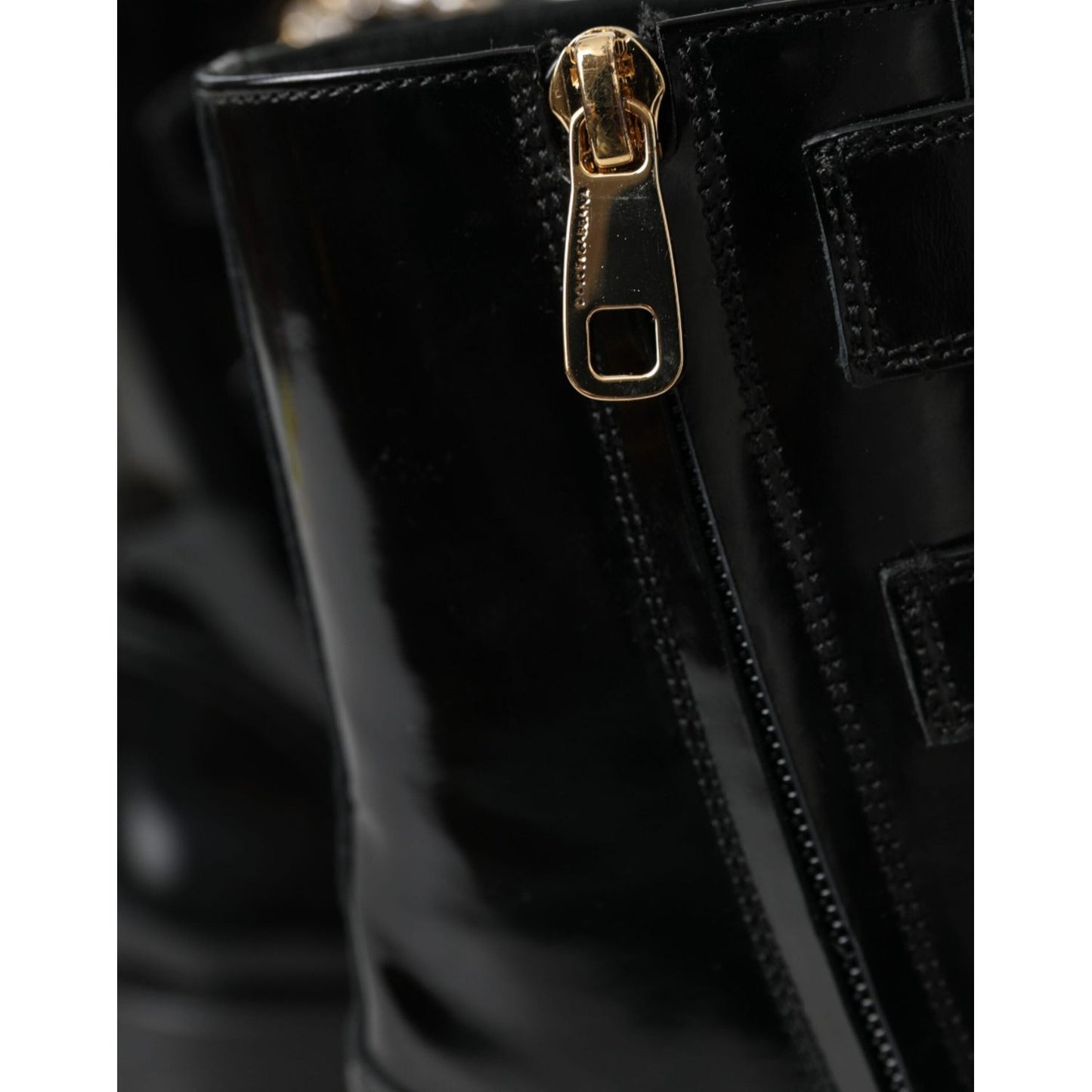 Black Leather Crystal Buckles Boots Shoes