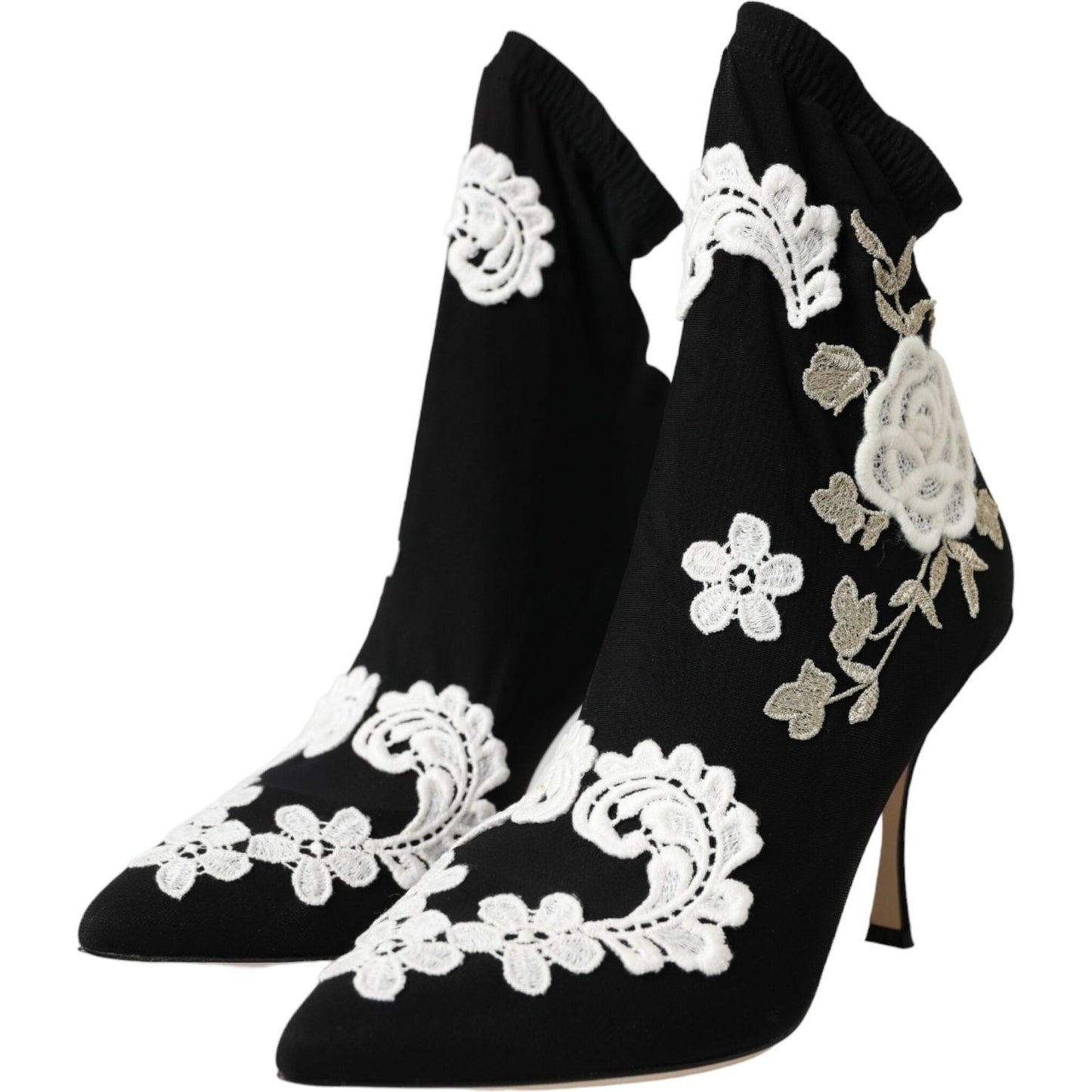 Black White Embroidery Slip On Boots Shoes