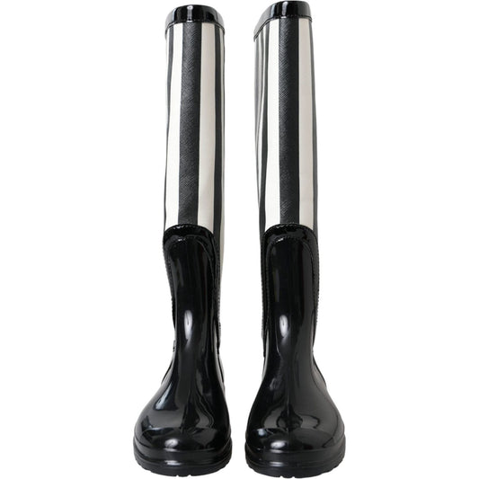 Black Rubber Knee High Flat Boots Shoes