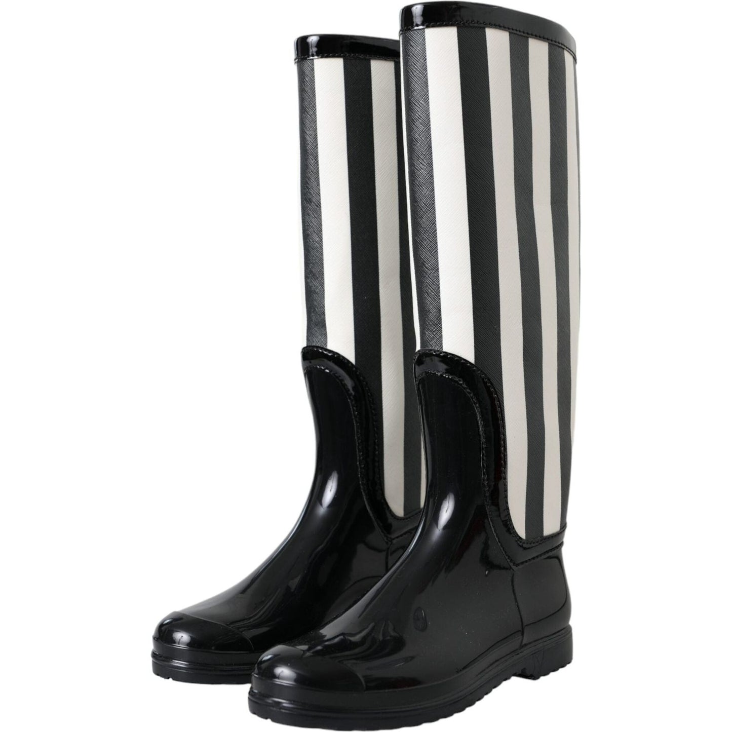 Black Rubber Knee High Flat Boots Shoes