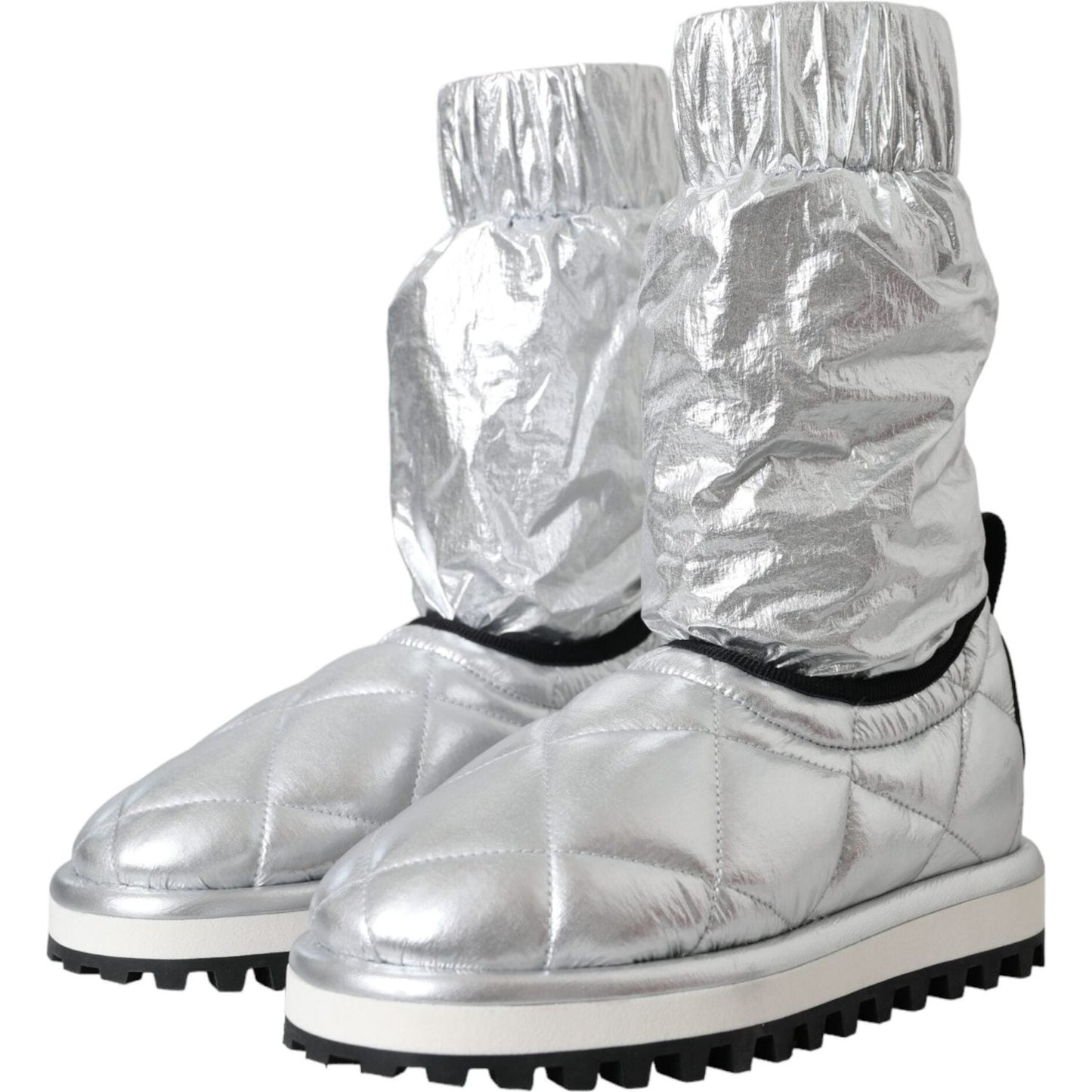 Metallic Silver Quilted Logo Patch Boot Shoes