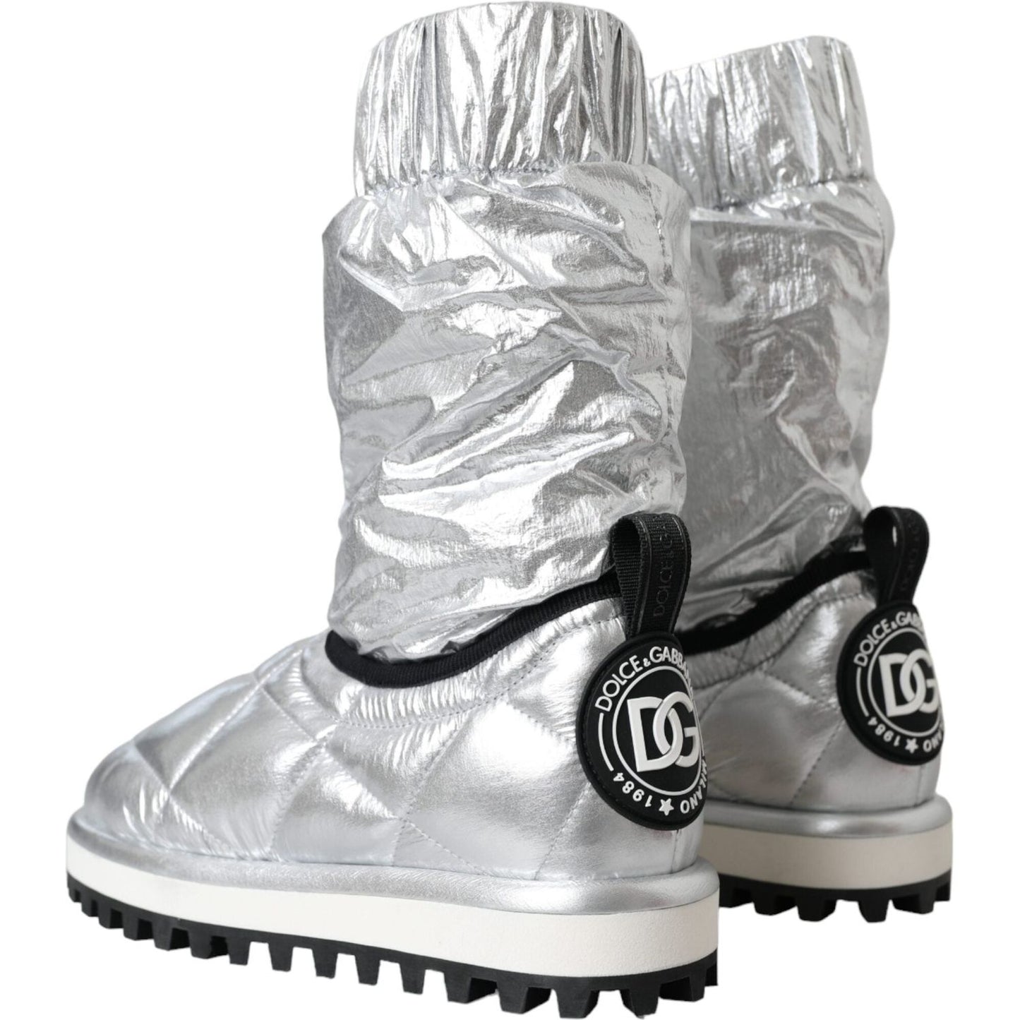 Metallic Silver Quilted Logo Patch Boot Shoes