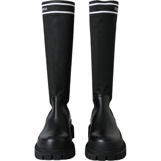 Black Leather Stretch Jersey Boots Shoes