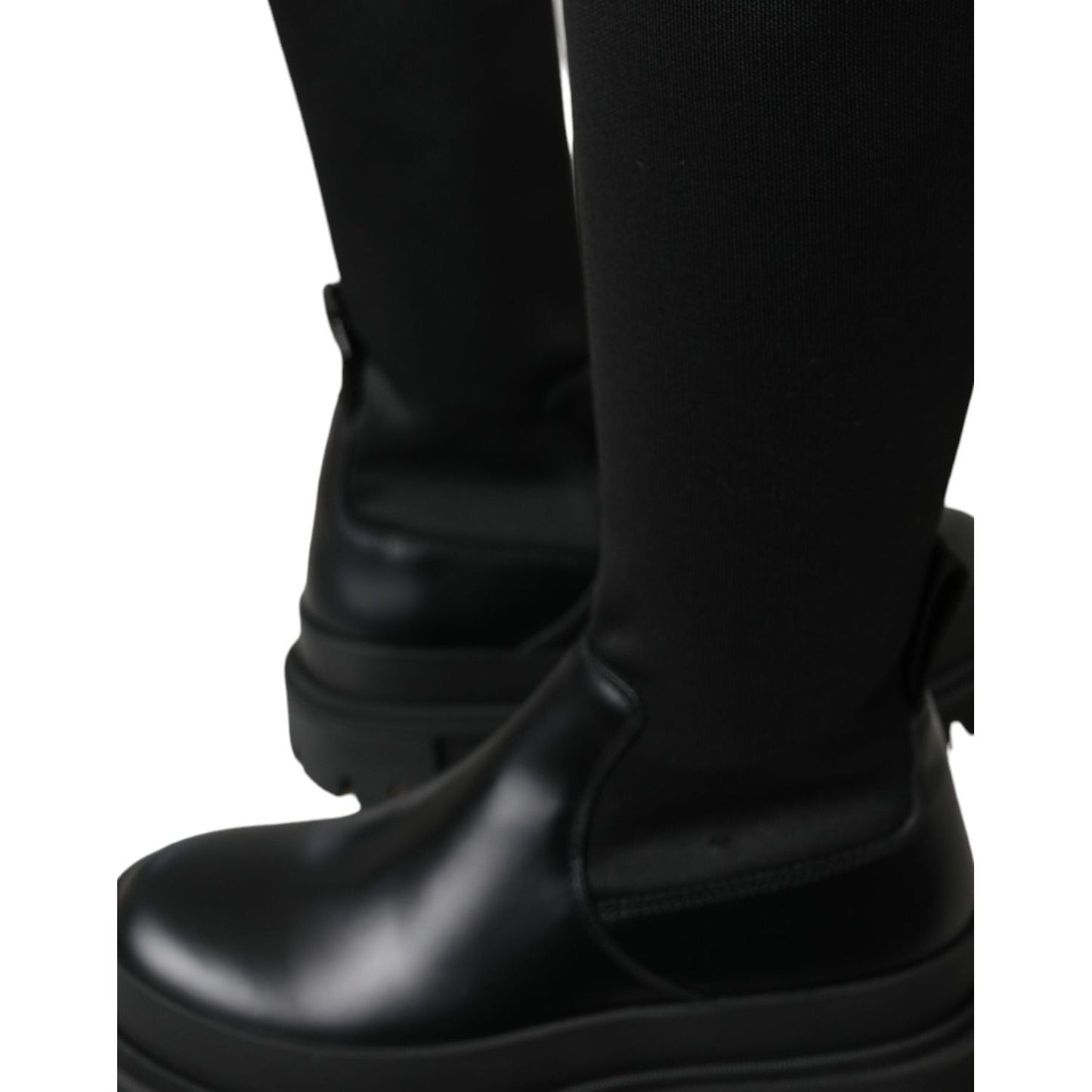 Black Leather Stretch Jersey Boots Shoes