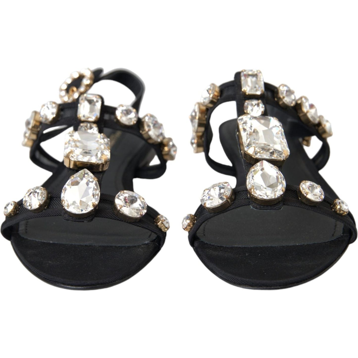 Black Leather Crystal Flats Sandals Shoes