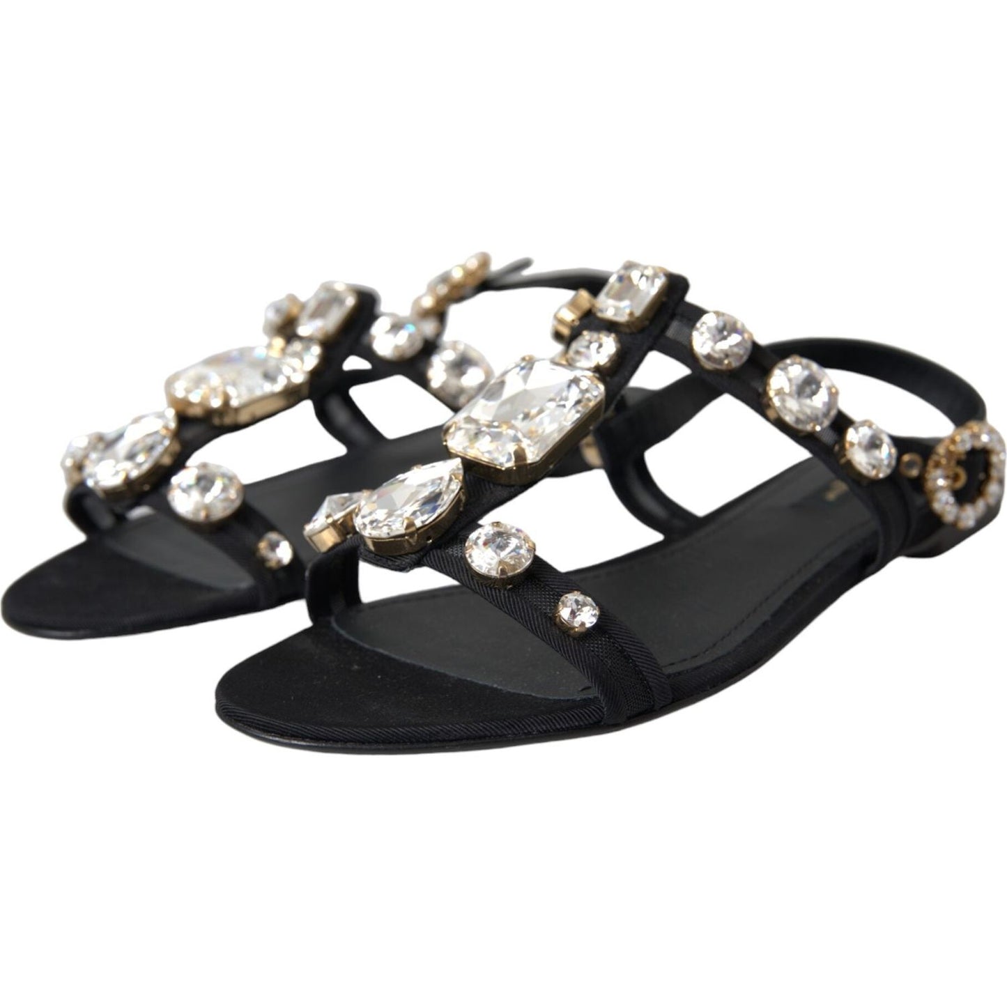 Black Leather Crystal Flats Sandals Shoes