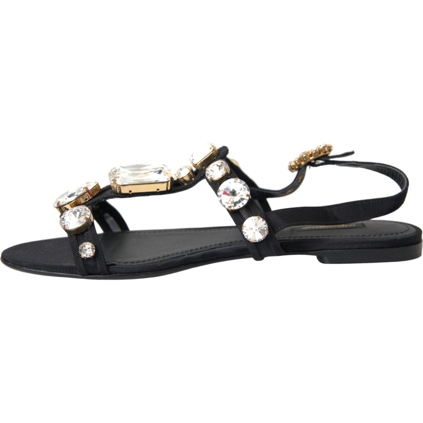 Black Leather Crystal Flats Sandals Shoes