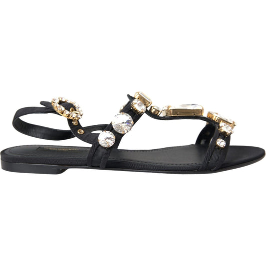 Black Leather Crystal Flats Sandals Shoes