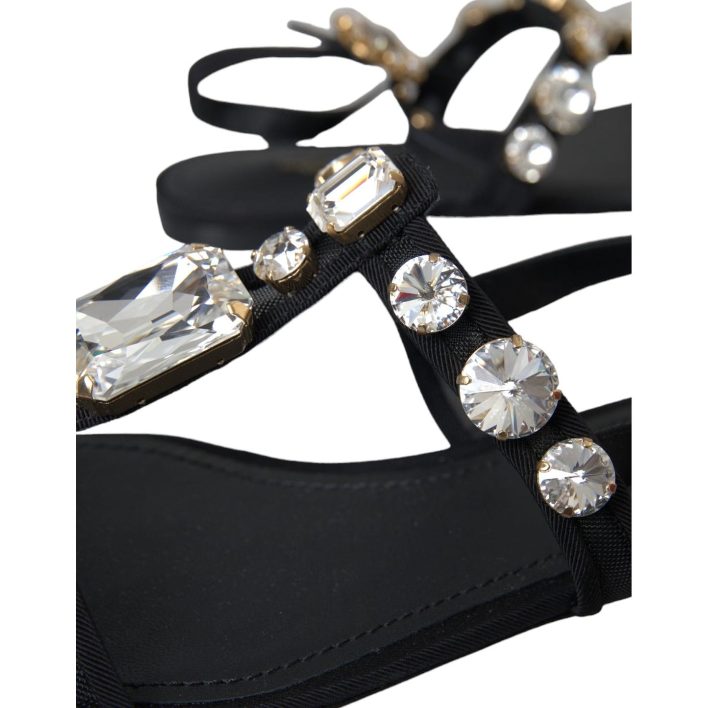 Black Leather Crystal Flats Sandals Shoes