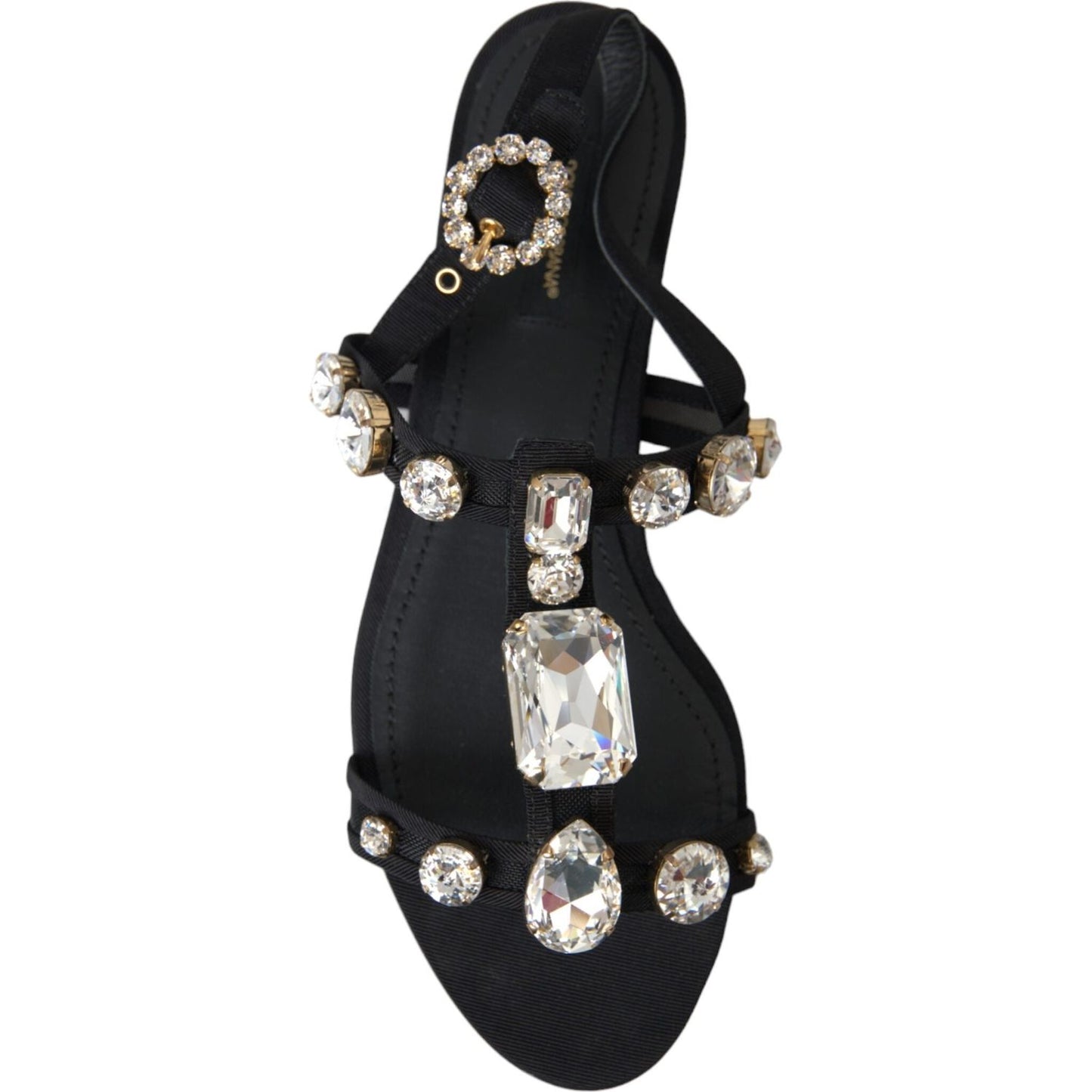 Black Leather Crystal Flats Sandals Shoes