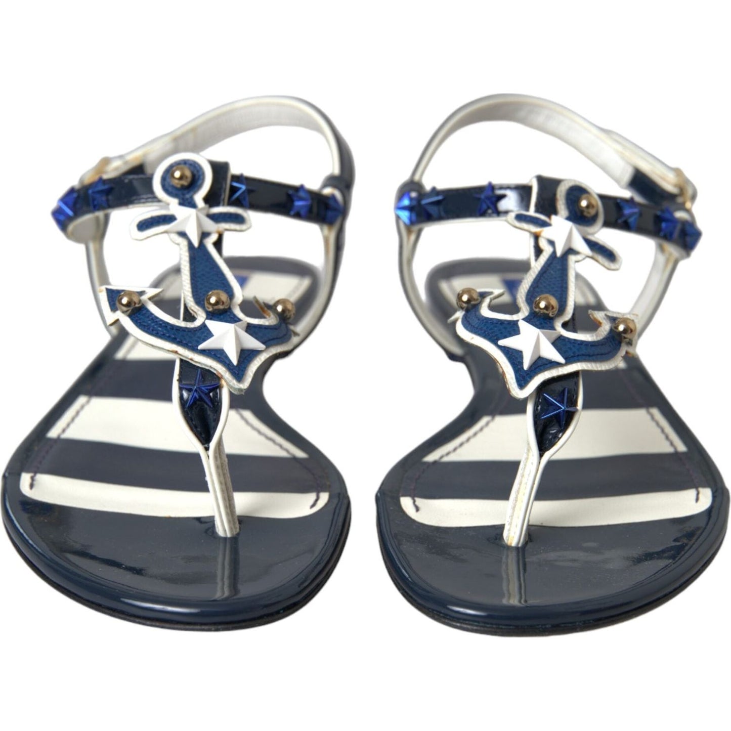 Blue Stripes Leather Studded Flats Sandals Shoes