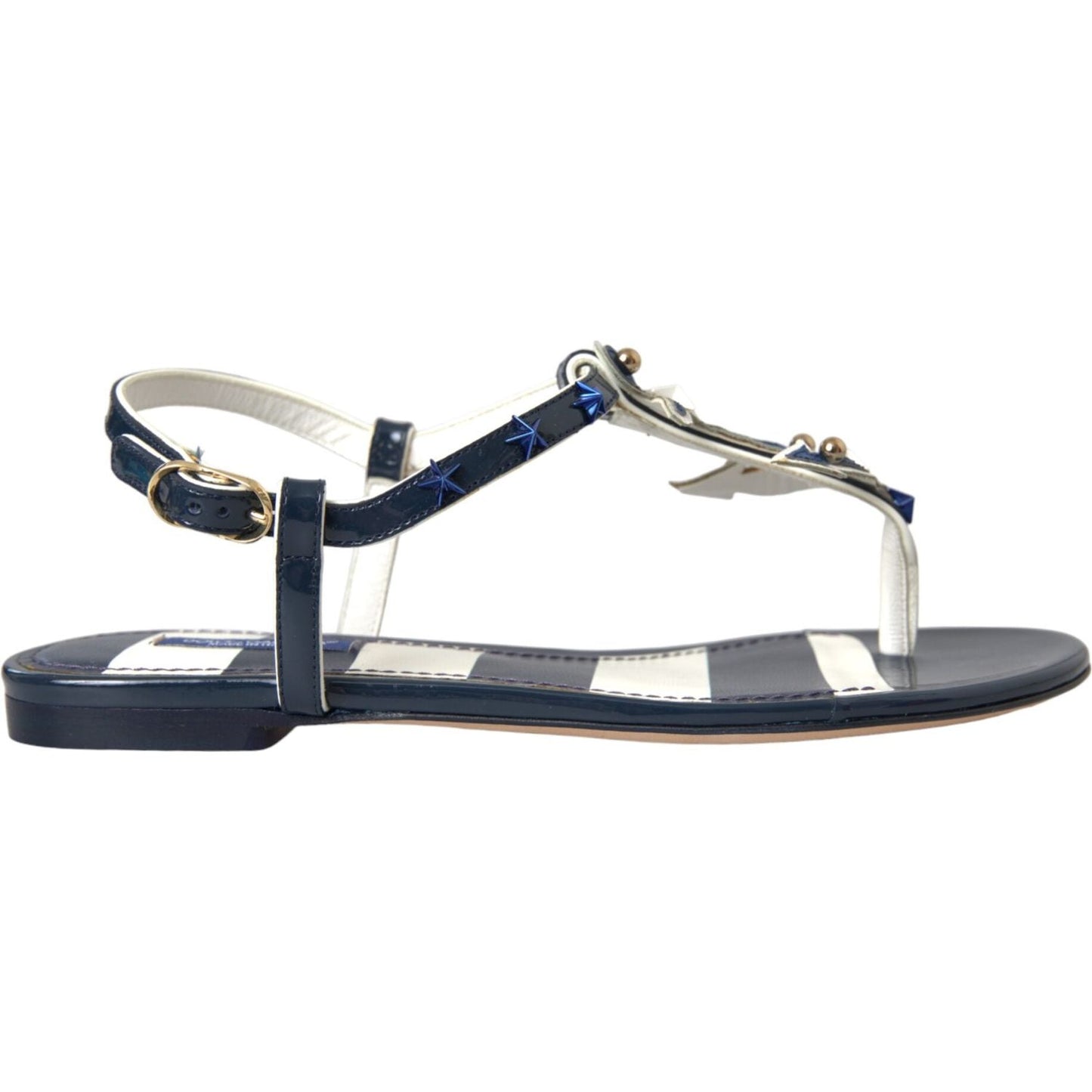 Blue Stripes Leather Studded Flats Sandals Shoes