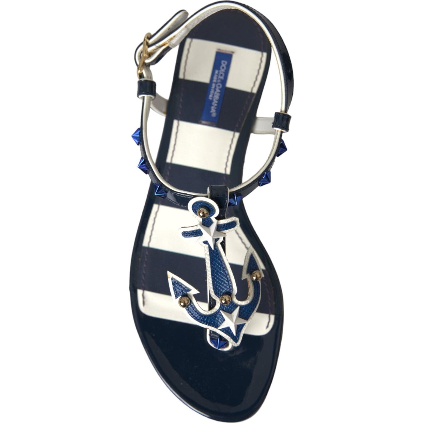 Blue Stripes Leather Studded Flats Sandals Shoes