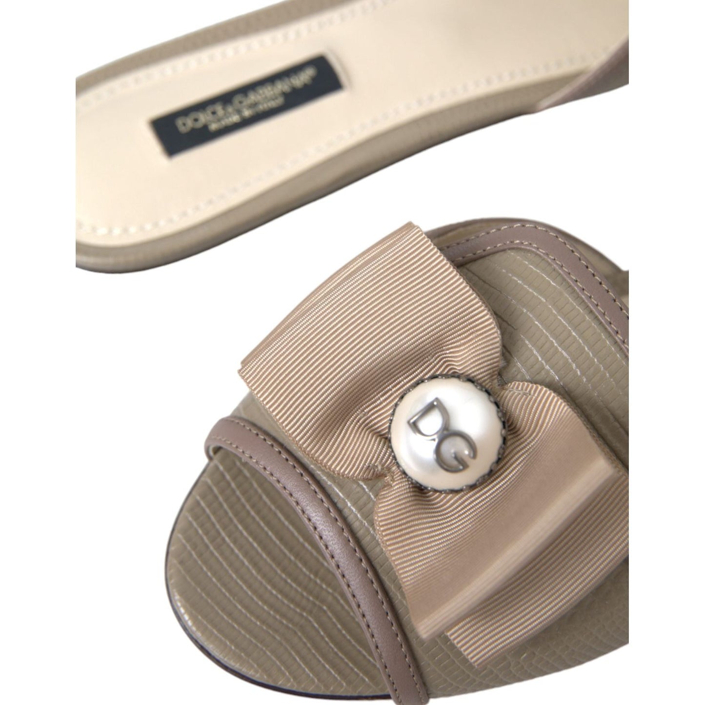 Beige Logo Pearl Flats Sandals Slides Shoes