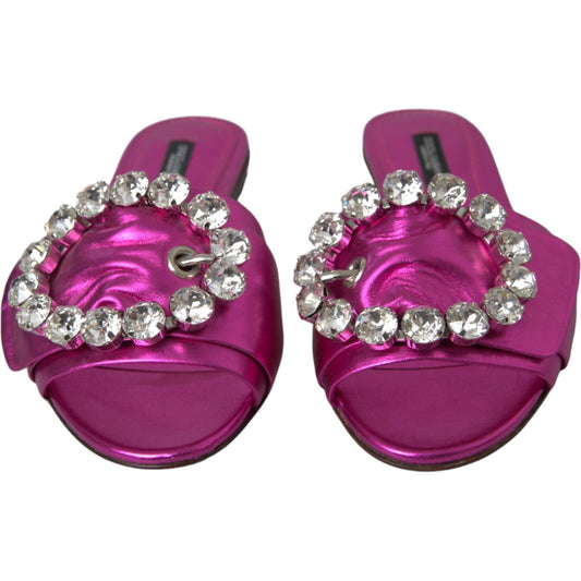 Fuchsia Crystal Leather Flats Sandals Shoes