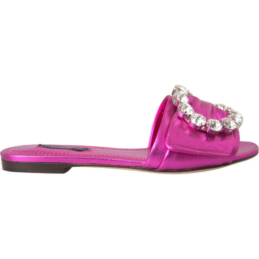 Fuchsia Crystal Leather Flats Sandals Shoes