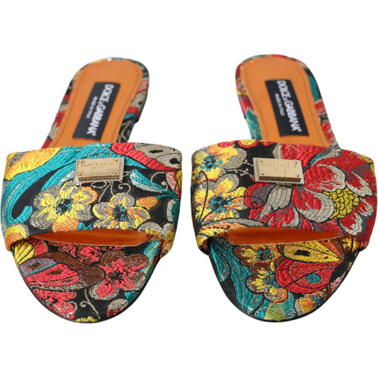 Multicolor Floral Brocade Logo Flats Sandals Shoes