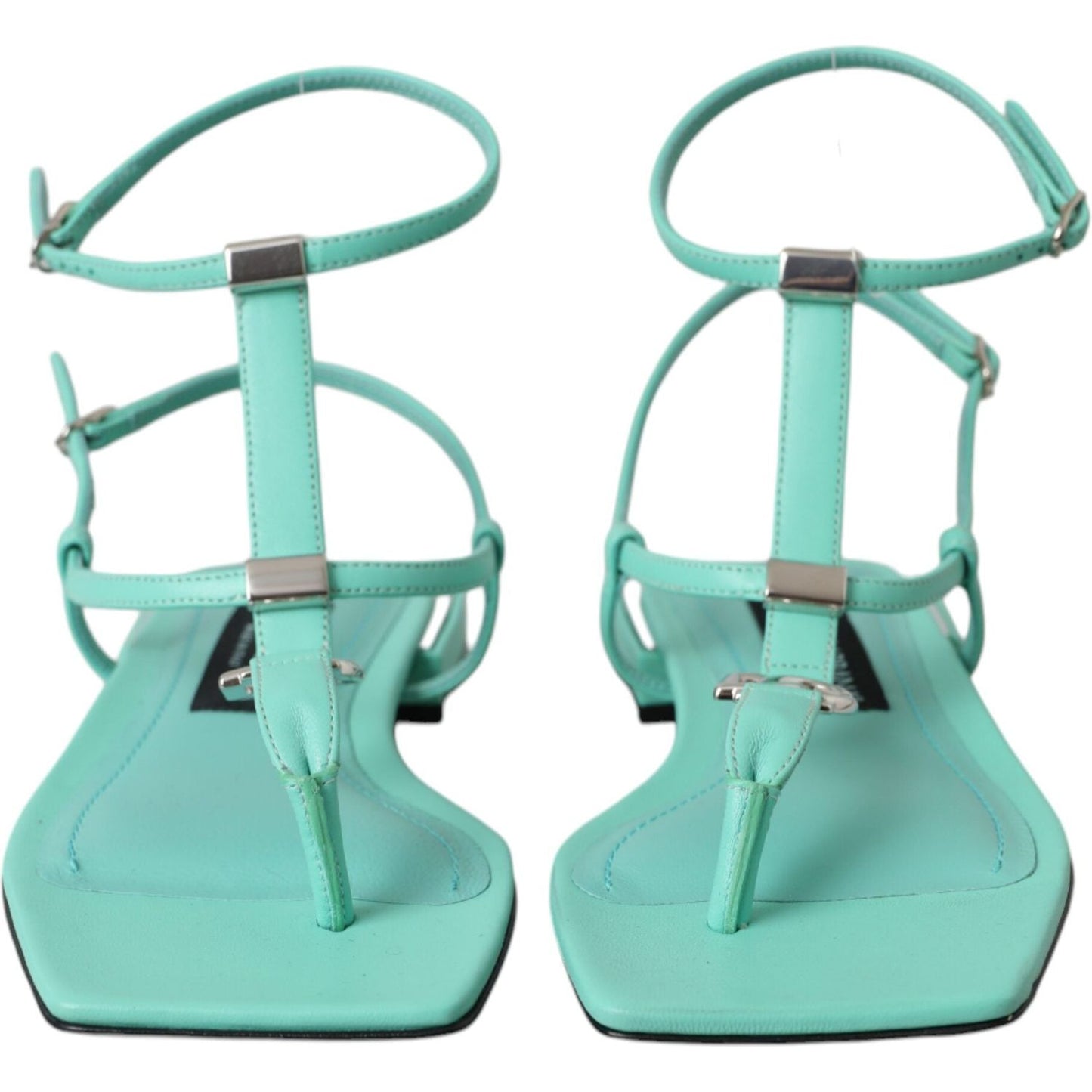 Aqua Green Leather Ankle Strap Flats Sandals Shoes