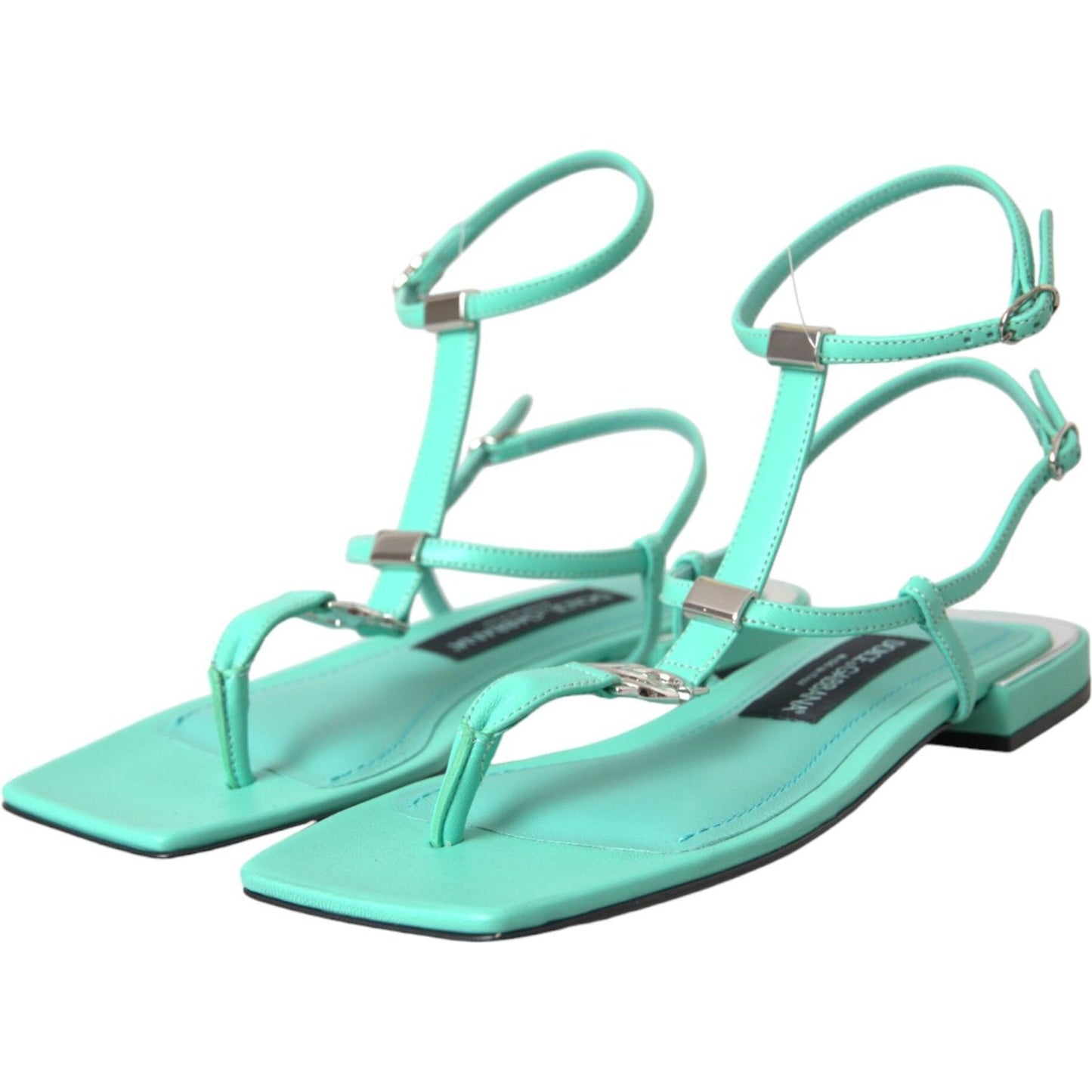 Aqua Green Leather Ankle Strap Flats Sandals Shoes