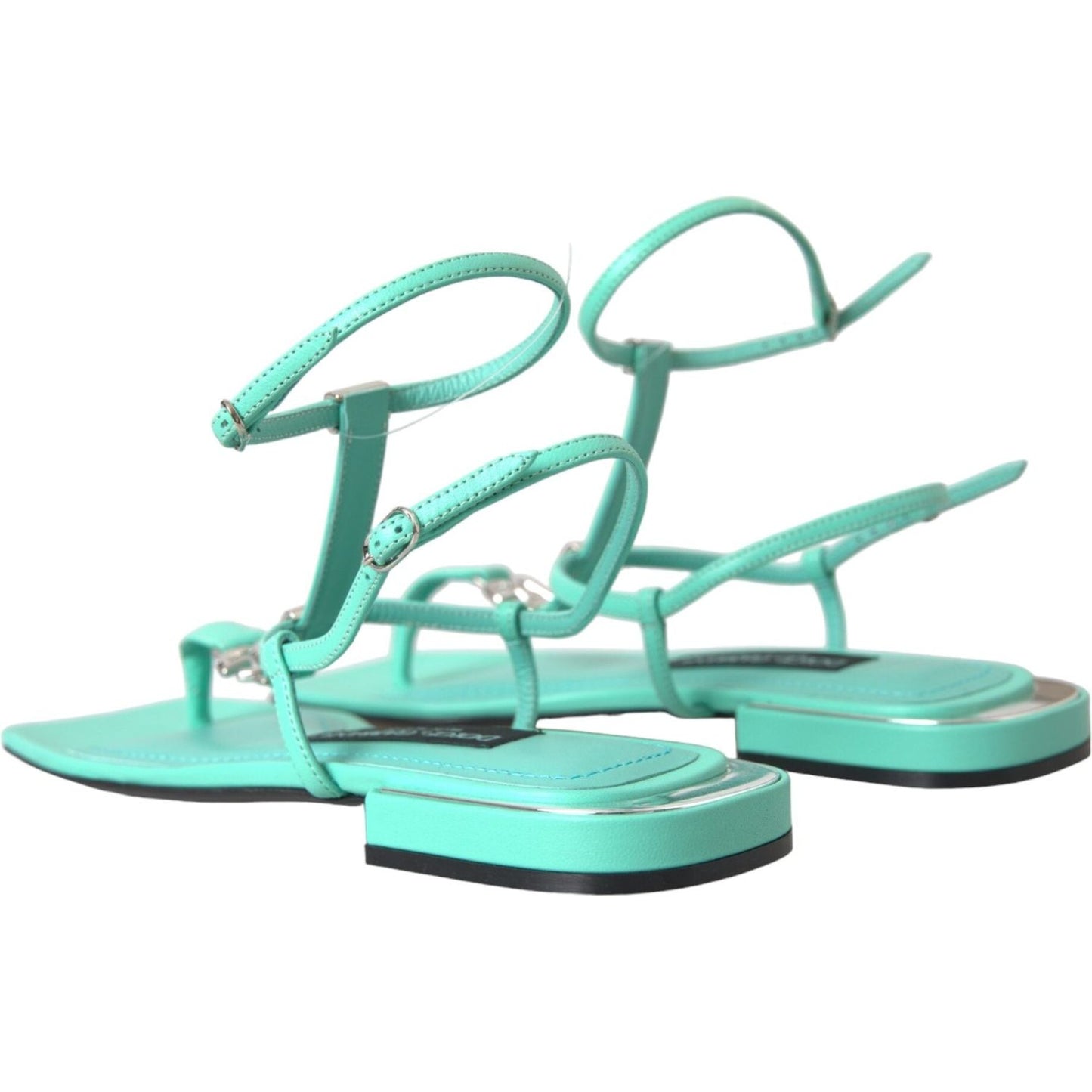 Aqua Green Leather Ankle Strap Flats Sandals Shoes