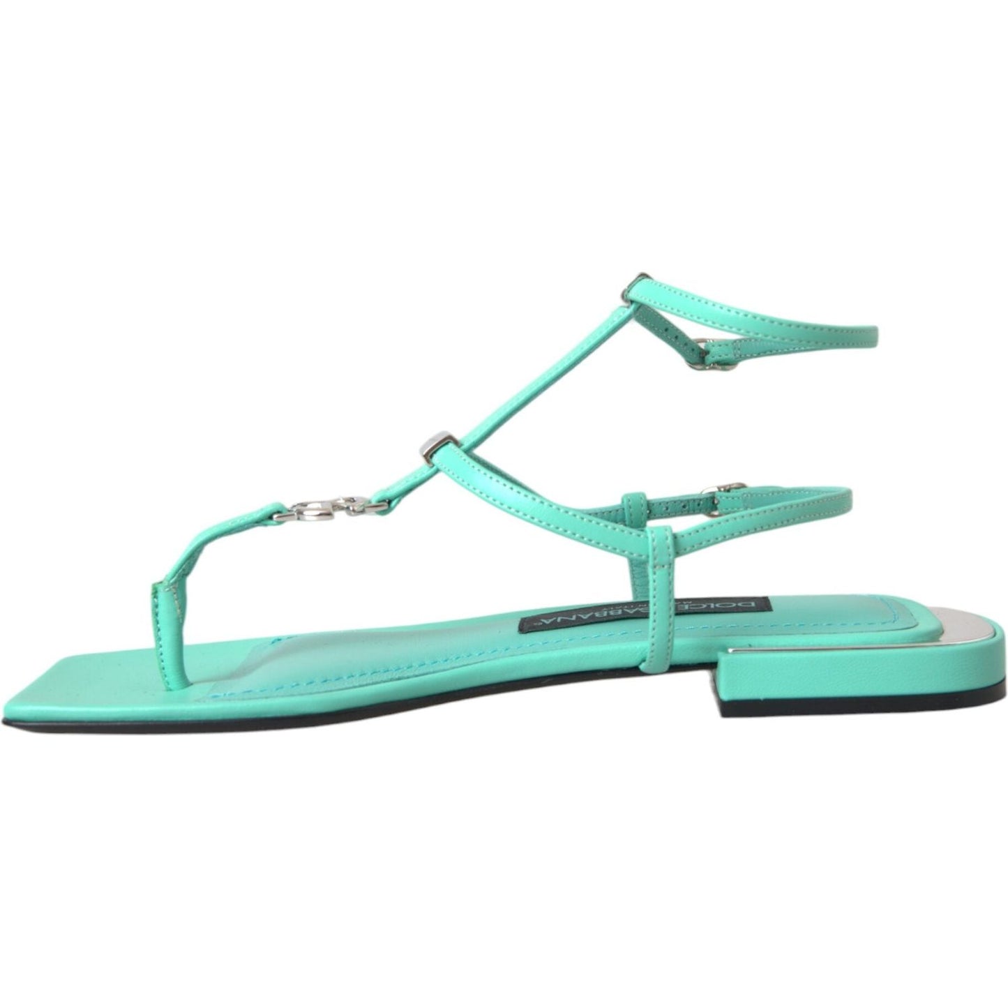 Aqua Green Leather Ankle Strap Flats Sandals Shoes