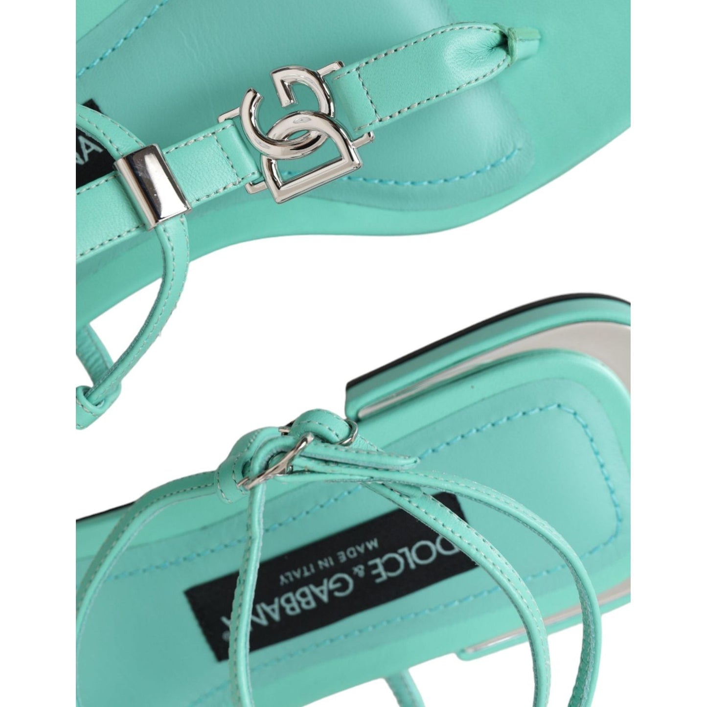 Aqua Green Leather Ankle Strap Flats Sandals Shoes