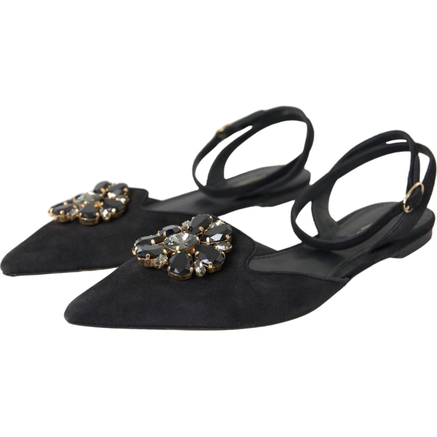 Black Leather Crystal Slingback Sandals Shoes