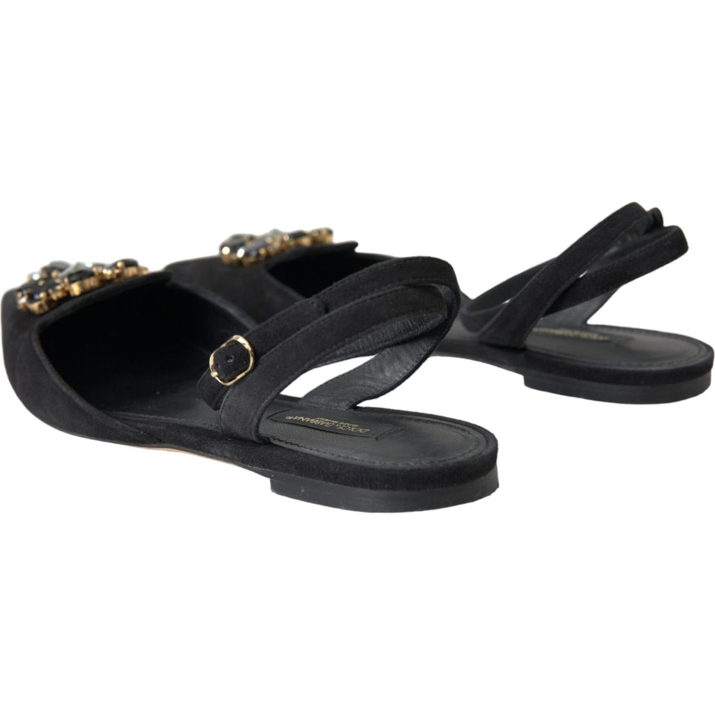 Black Leather Crystal Slingback Sandals Shoes